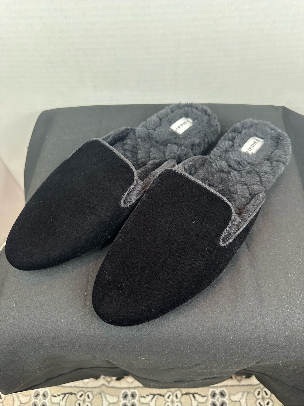 Birdies Black Faux-Suede Fleece-Lined Slip-On Loafers, size 10